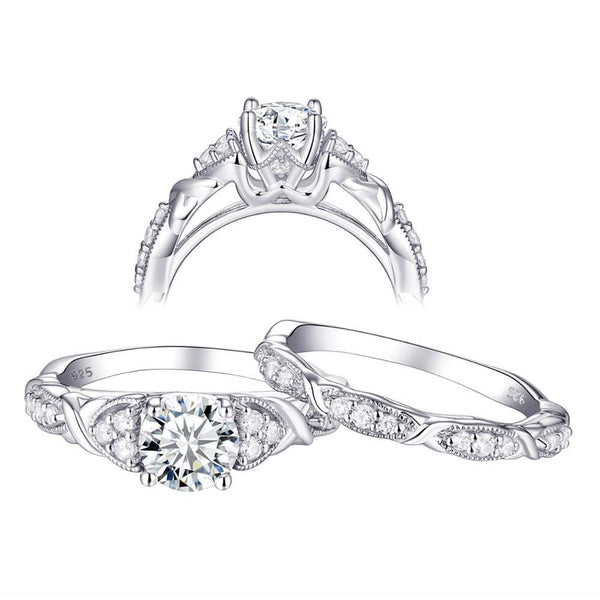 1.60ct Vintage Round Cut Diamond Ring, Bridal Ring Set, 925 Sterling Silver