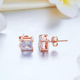 1.00ct each, Rose Gold, Classic Princess Cut Diamond Stud Earrings, 925 Sterling Silver