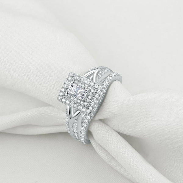 1.50ct Radiant Cut Double Halo Diamond Ring Set, 925 Sterling Silver