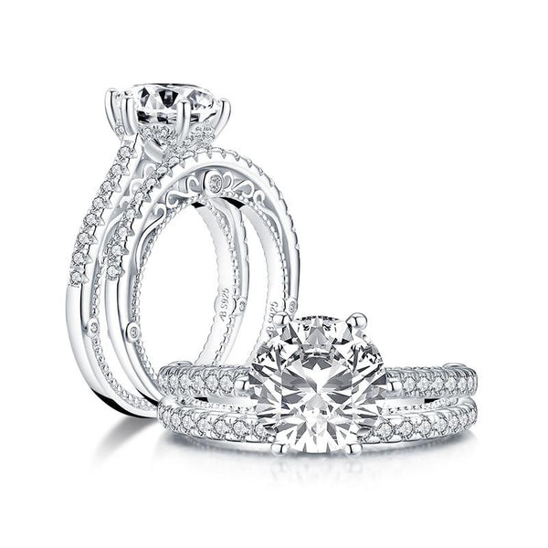 2.65ct Round Cut Diamond Ring, Vintage Design Bridal Ring Set, 925 Sterling Silver
