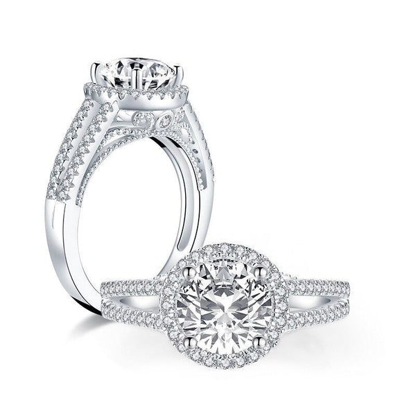 2.00ct Round Cut Diamond Halo Engagement Ring, 925 Silver