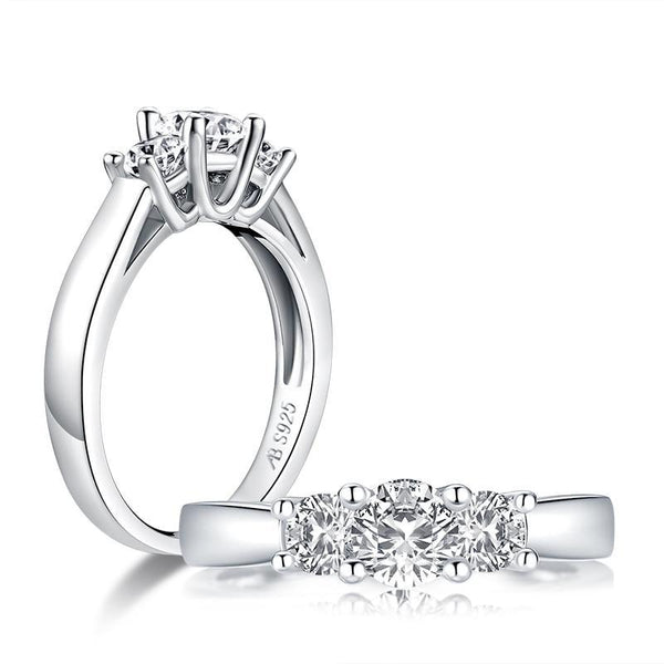 0.80ct Round Cut Diamond 3 Stone Engagement Ring, 925 Silver