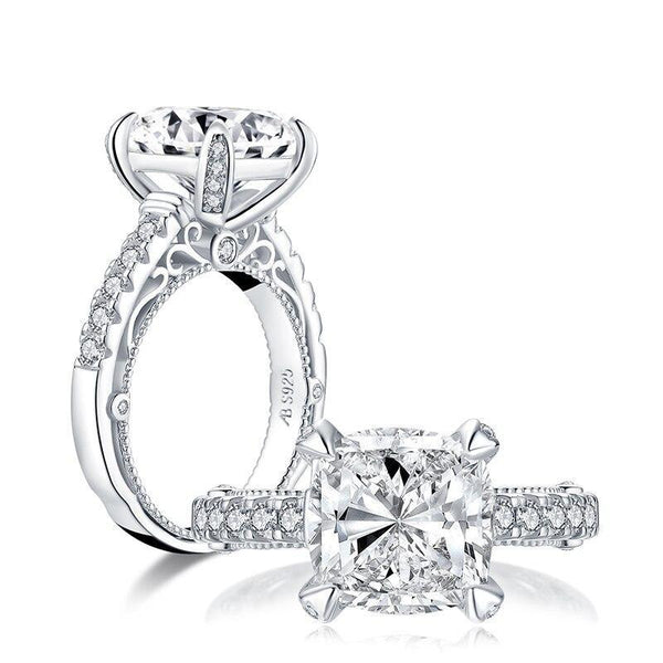 5.00ct Vintage Cushion Cut Diamond Engagement Ring, 925 Silver,