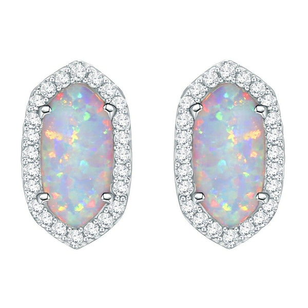 Opal & Diamond Stud Earrings, 925 Sterling Silver