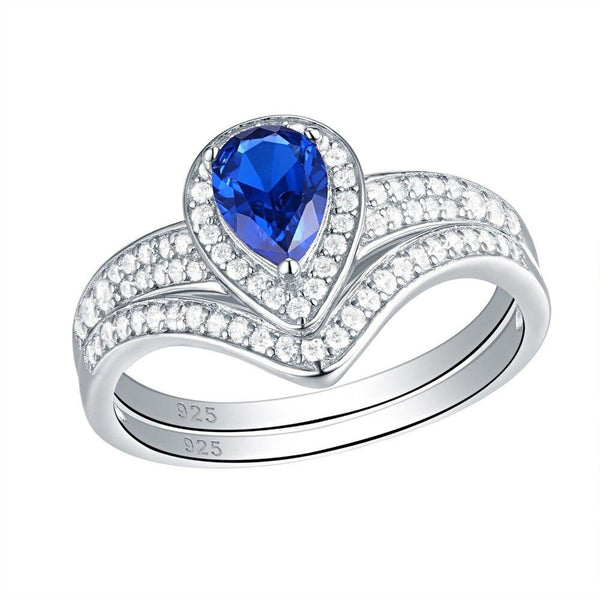 2.00ct Pear Cut Blue Sapphire Ring, Bridal Ring Set, 925 Sterling Silver