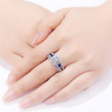 1.50ct Round Cut 3 Stone Diamond & Sapphire Ring Set, Bridal Rings, 925 Sterling Silver