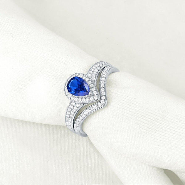 2.00ct Pear Cut Blue Sapphire Ring, Bridal Ring Set, 925 Sterling Silver