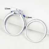 1.50ct Round Cut 3 Stone Diamond & Sapphire Ring Set, Bridal Rings, 925 Sterling Silver