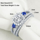 1.50ct Round Cut 3 Stone Diamond & Sapphire Ring Set, Bridal Rings, 925 Sterling Silver