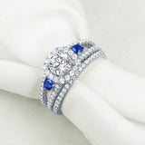 1.50ct Round Cut 3 Stone Diamond & Sapphire Ring Set, Bridal Rings, 925 Sterling Silver