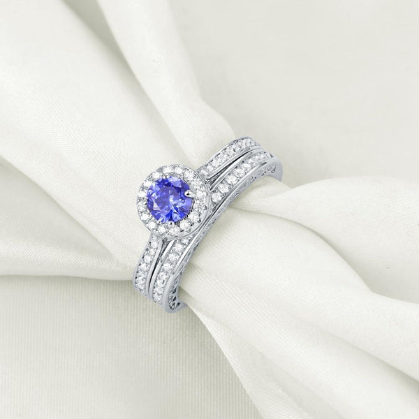 1.75ct Vintage Round Cut Halo Blue Sapphire Ring, Bridal Ring Set, 925 Sterling Silver