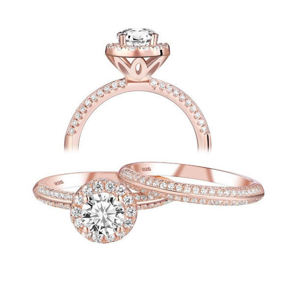 1.80ct Rose Gold Round Cut, Diamond Halo Diamond Ring, Bridal Ring Set, 925 Sterling Silver