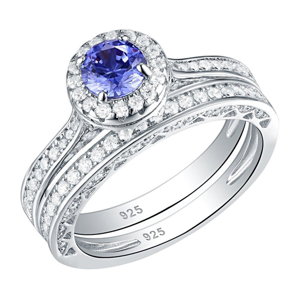 1.75ct Vintage Round Cut Halo Blue Sapphire Ring, Bridal Ring Set, 925 Sterling Silver