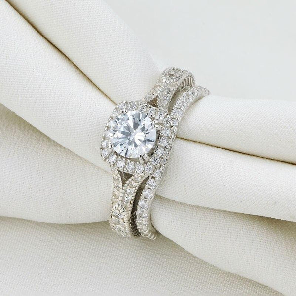 1.20ct Vintage Round Cut Diamond Ring Set, 925 Sterling Silver