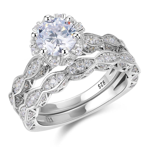2.60ct Vintage Round Cut Halo Diamond Ring, Bridal Ring Set, 925 Sterling Silver