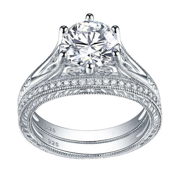 2.50ct Vintage Round Cut Diamond Ring Set, 925 Sterling Silver