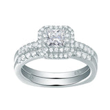 1.00ct Princess Cut Double Halo Diamond Ring Set, 925 Sterling Silver
