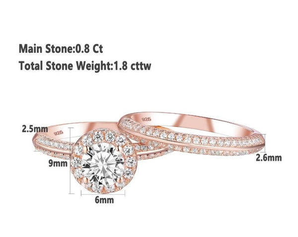 1.80ct Rose Gold Round Cut, Diamond Halo Diamond Ring, Bridal Ring Set, 925 Sterling Silver