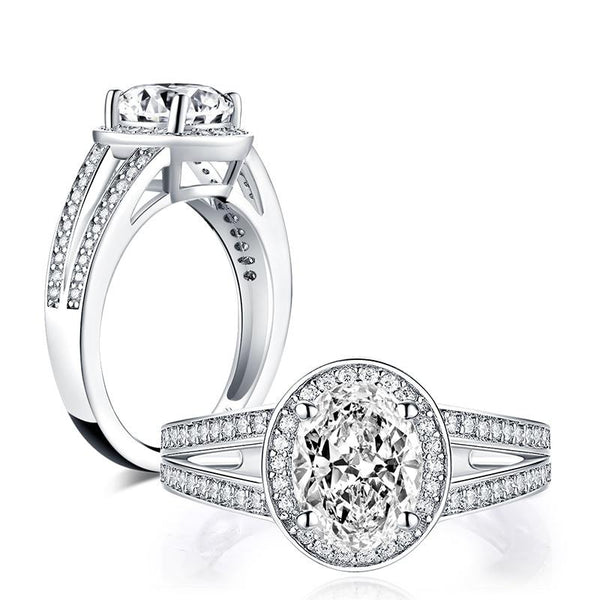 2.00ct Oval Cut Diamond Halo Engagement Ring, 925 Silver