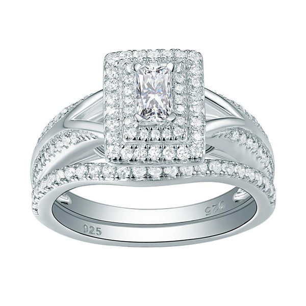 1.50ct Radiant Cut Double Halo Diamond Ring Set, 925 Sterling Silver