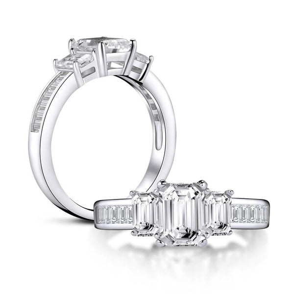 1.00ct Vintage Emerald Cut Diamond 3 stone Engagement Ring, 925 Silver
