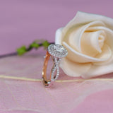 0.60ct Oval Cut Moissanite, Classic Halo Engagement Ring, Available in White Gold or Platinum with Rose Gold Detailing