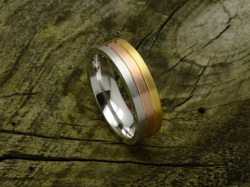 Flat Court Shaped Tri Colour Wedding Band, Brushed Finish, Choose Your Metal & Width