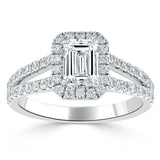 1.60ct Emerald Cut Moissanite Engagement Ring, Classic Halo with Split Shank, Available in White Gold, Platinum, Rose Gold or Yellow Gold