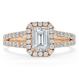 1.60ct Emerald Cut Moissanite Engagement Ring, Classic Halo with Split Shank, Available in White Gold, Platinum, Rose Gold or Yellow Gold