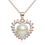 Pearl & Diamond Pendant, Simulated Diamond Heart Necklace, 925 Sterling Silver Rose Gold