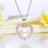 Pearl & Diamond Pendant, Simulated Diamond Heart Necklace, 925 Sterling Silver Rose Gold