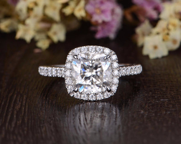 Cushion Cut Moissanite Engagement Ring, Classic Halo Design, Choose Your Stone Size & Metal