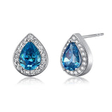 1.00ct each, Blue Diamond, Pear Cut Diamond Halo Stud Earrings, 925 Sterling Silver