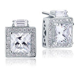 1.00ct each, Vintage Art Deco, Princess Cut Diamond Stud Halo Earrings, 925 Sterling Silver