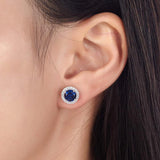 1.00ct each, Blue Sapphire, Classic Round Cut Diamond Halo Stud Earrings, 925 Sterling Silver