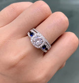 1.50ct Round Cut 3 Stone Diamond & Sapphire Ring Set, Bridal Rings, 925 Sterling Silver