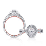0.60ct Oval Cut Moissanite, Classic Halo Engagement Ring, Available in White Gold or Platinum with Rose Gold Detailing