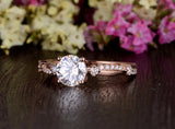 Round Cut Moissanite Engagement Ring, Unique Vintage Design, Choose Your Stone Size & Metal