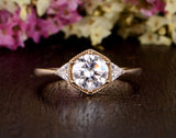 Round Cut Moissanite Engagement Ring, Art Deco Trilogy Design, Choose Your Stone Size & Metal