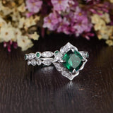 2.00ct Cushion Cut Lab Grown Emerald Bridal Ring Set, Vintage Design, Choose Your Metal