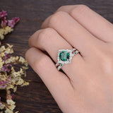 2.00ct Cushion Cut Lab Grown Emerald Bridal Ring Set, Vintage Design, Choose Your Metal