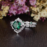 2.00ct Cushion Cut Lab Grown Emerald Bridal Ring Set, Vintage Design, Choose Your Metal