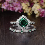2.00ct Cushion Cut Lab Grown Emerald Bridal Ring Set, Vintage Design, Choose Your Metal