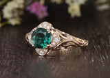 Round Cut Lab Grown Emerald Engagement Ring, Vintage Design, Choose Your Metal