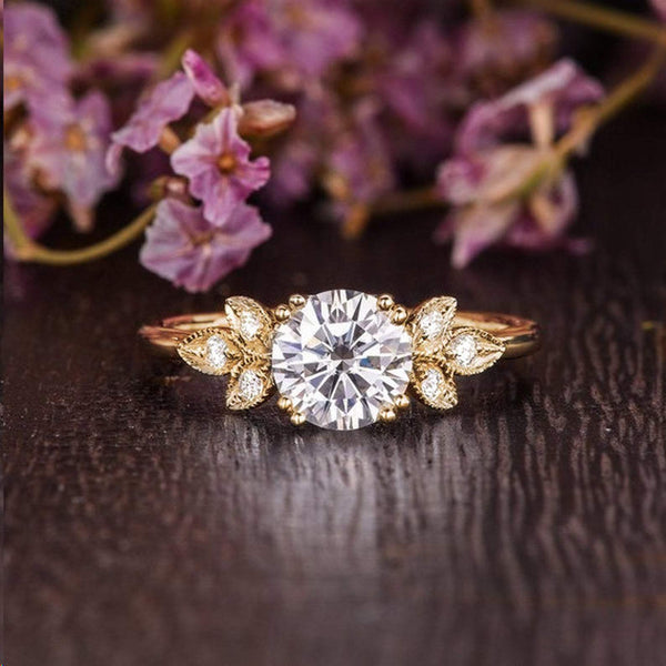 Round Cut Moissanite Engagement Ring, Unique Art Deco Design, Choose Your Stone Size & Metal