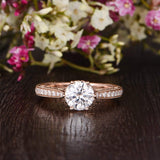 Round Cut Moissanite Engagement Ring, Unique Vintage Design, Choose Your Stone Size & Metal