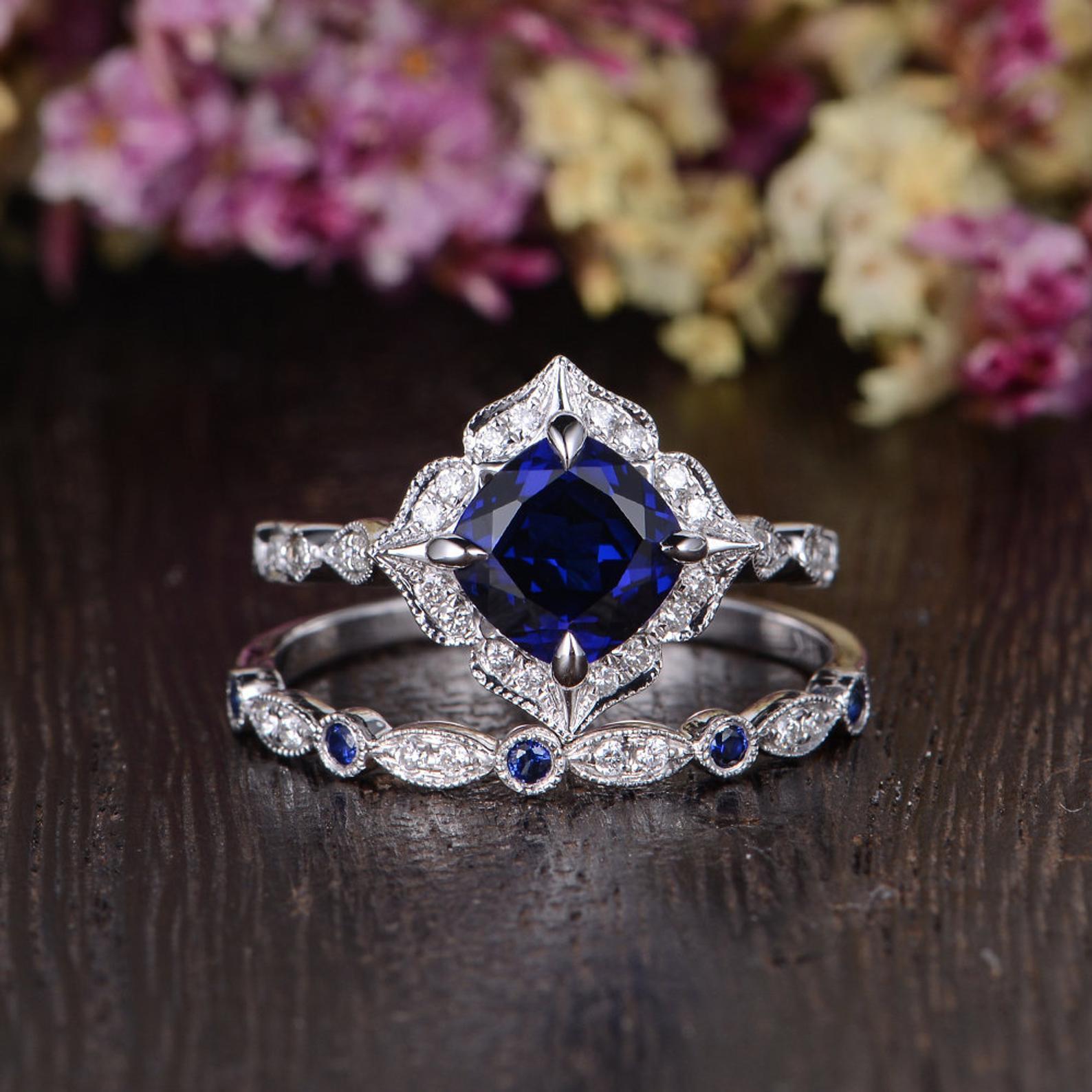 Lab Created Blue Sapphire Vintage Inspired Rings INFINITYJEWELRY.COM