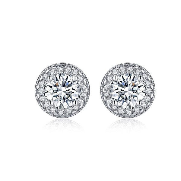 1.25ct Round Halo Diamond Stud Earrings, 925 Sterling Silver