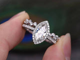 2.00ct Marquise Cut Moissanite Ring Set, Halo Surround with Band, Available in White, Yellow, Rose Gold or Platinum, 1.25ct Main Stone