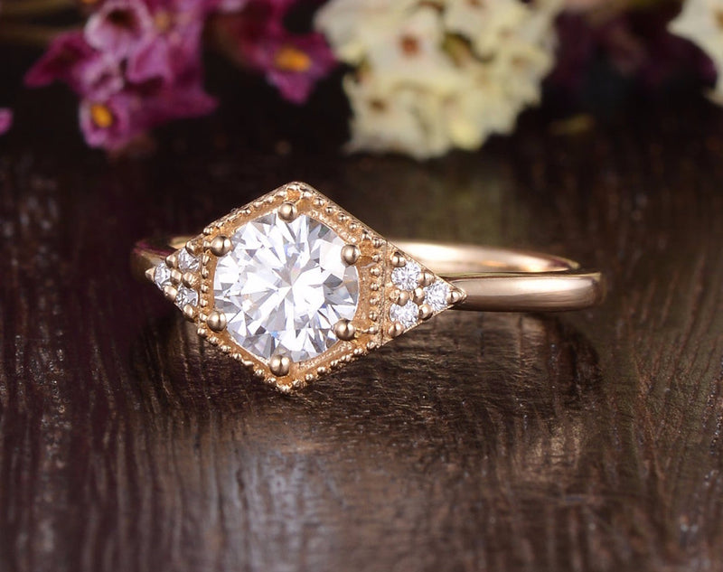 Round Cut Moissanite Engagement Ring, Art Deco Trilogy Design, Choose Your Stone Size & Metal